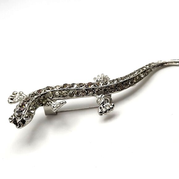 Silvertone and Rhinestone Gecko Lizard Salamander‎ Brooch Pin - Picture 2 of 4